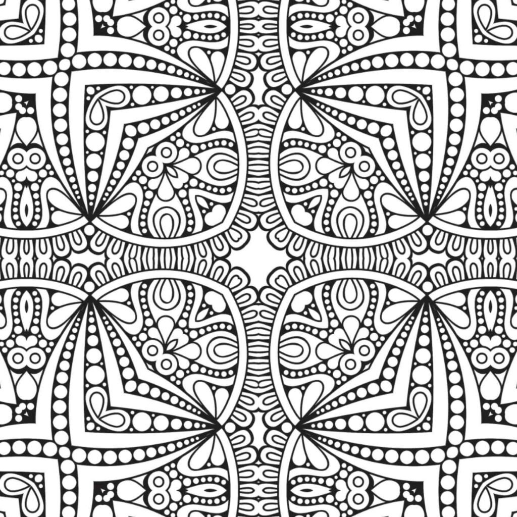 Symmetrical black and white geometric teardrop mandala with dotted borders and lace patterns for coloring and relaxation