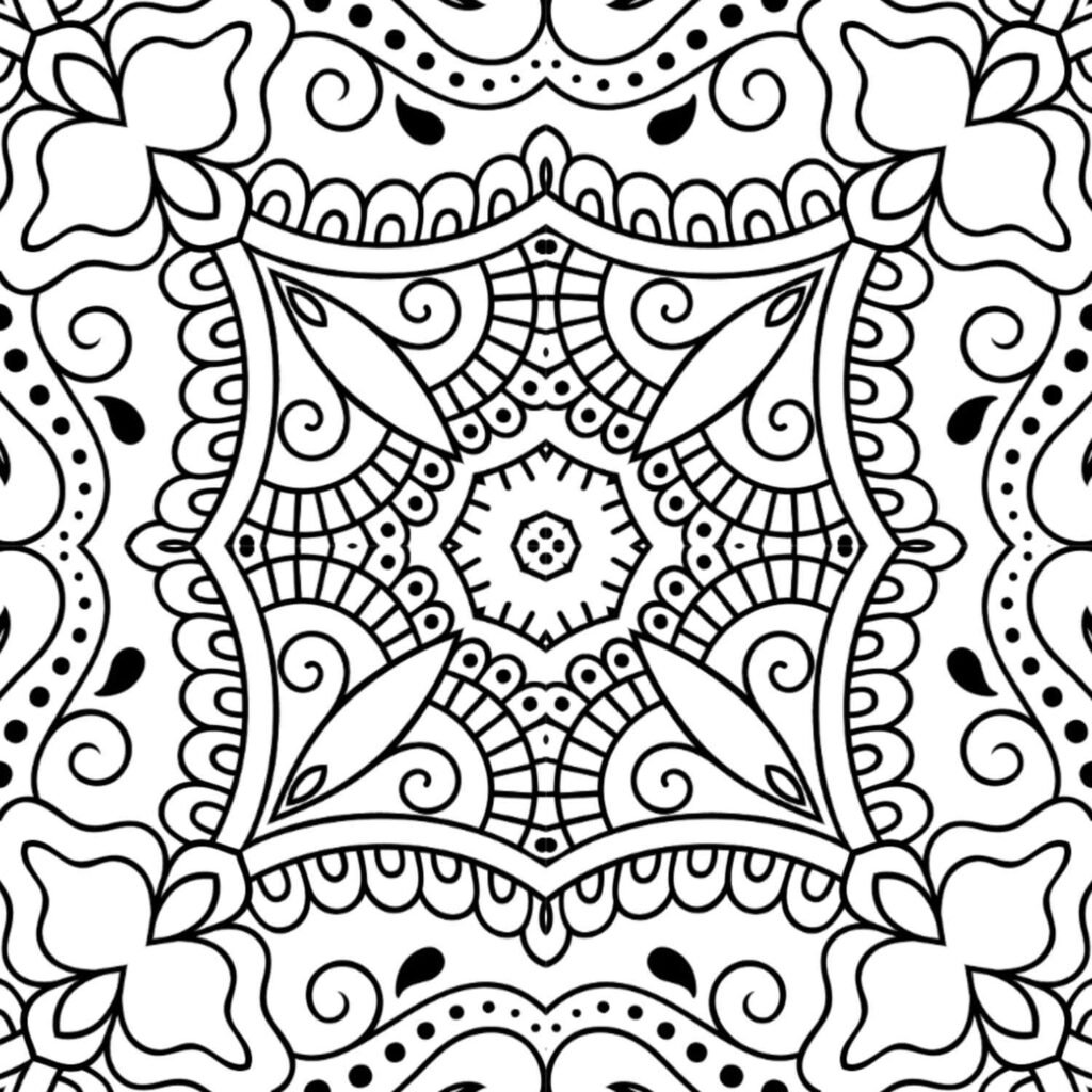 Ornate glimmering star mandala coloring page with a central faceted design and intricate swirls, perfect for deep focus and relaxation.