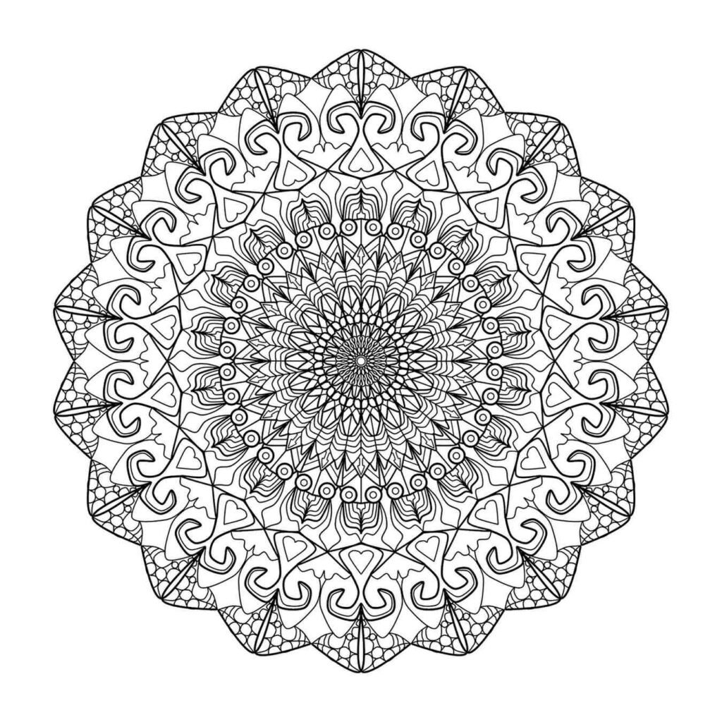 Symmetrical black and white hexagonal mandala featuring a central spiraling star, layered diamond shapes, intricate linear patterns, and repeating teardrop motifs for advanced adult coloring