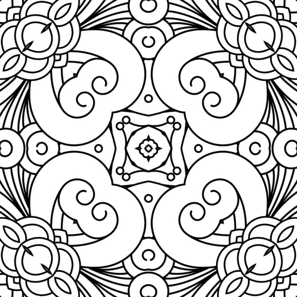 Detailed symmetrical square mandala with a central geometric pattern, large elegant swirls, and corner floral motifs, perfect for advanced coloring and meditation.