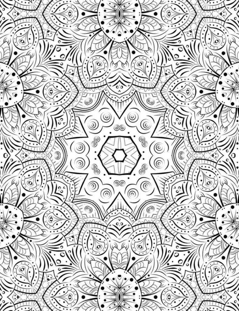 Highly detailed and intricate mandala pattern with a central hexagon, radiating stars, and elaborate floral-geometric layers for advanced coloring and mindfulness.