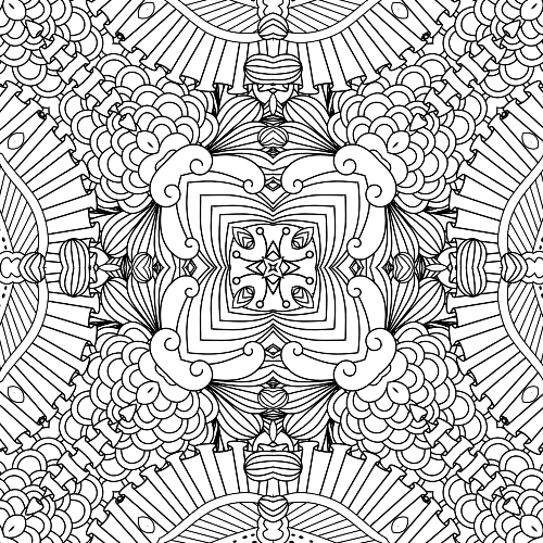 Highly detailed black and white mandala with radiating floral elements, layered petals, and a central starburst design for advanced coloring.