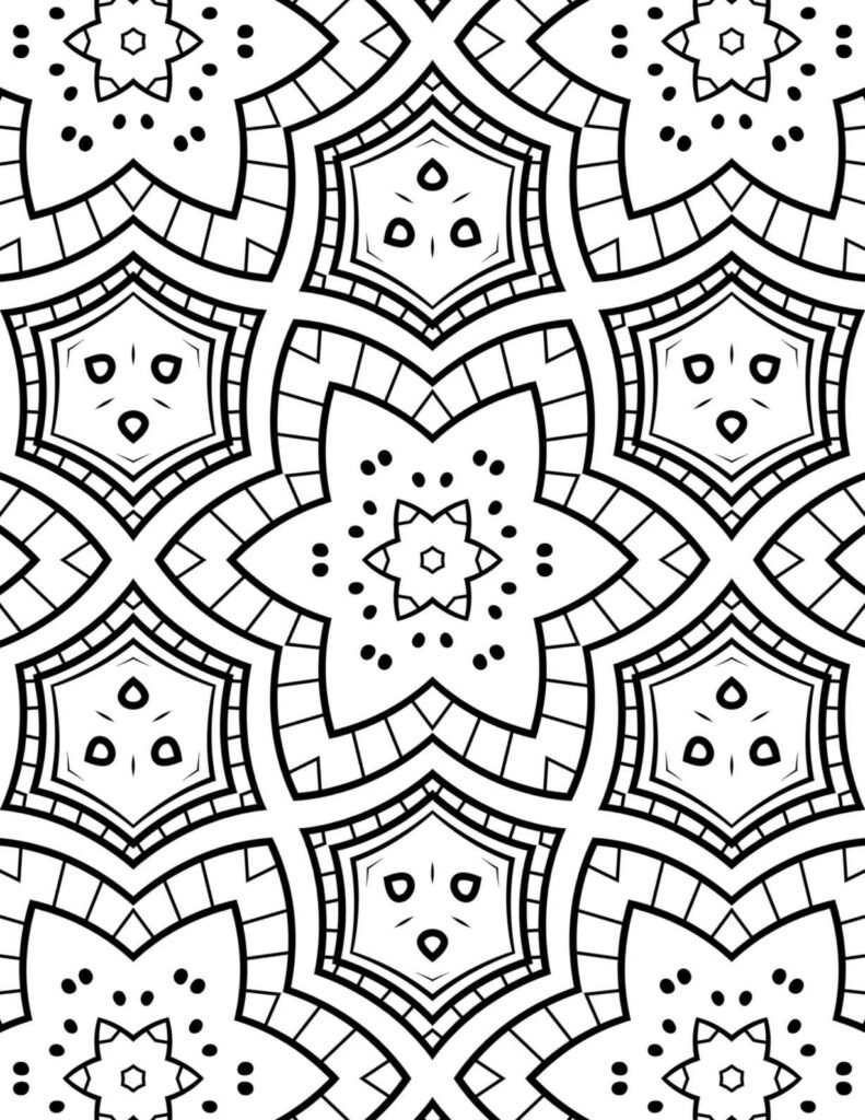 Symmetrical black and white mandala coloring page with repeating six-pointed stars, geometric shield shapes, and dotted details.