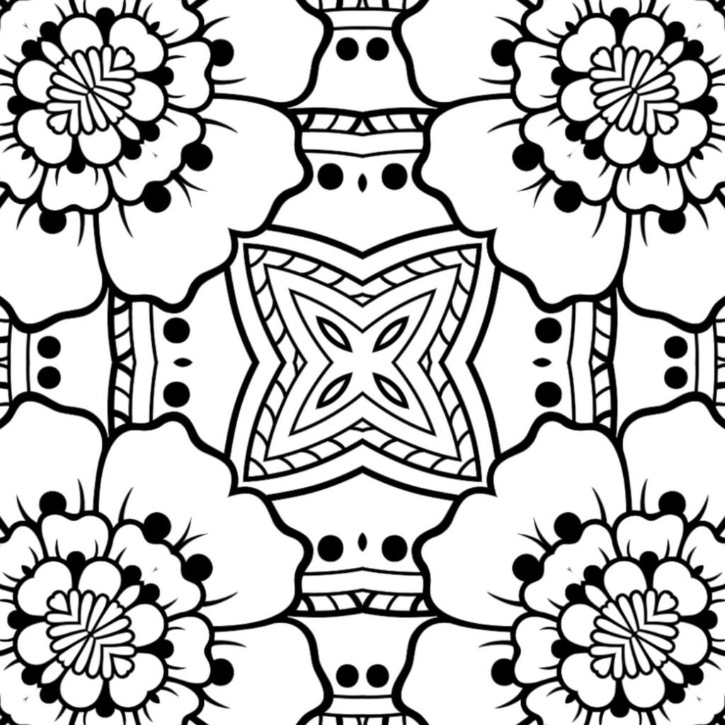 Bold floral mandala with central star, easy coloring page, kids mandala, stress relief art