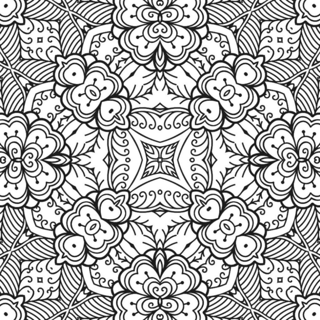 Symmetrical floral mandala with swirling accents and rounded petals for coloring and mindfulness