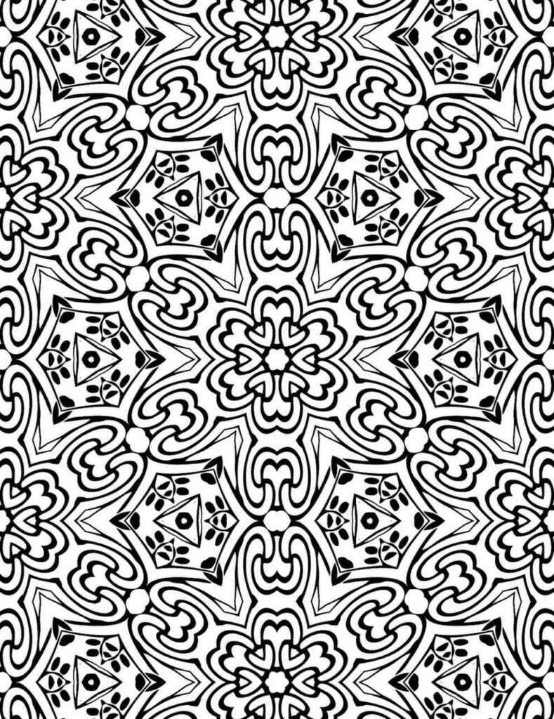 Symmetrical floral mandala with geometric petal motifs and triangle-centered elements in black and white