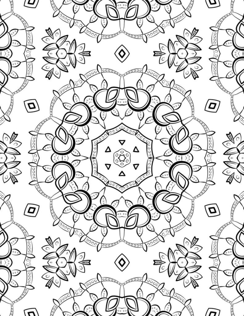 Intricate black-and-white harmony blossom mandala with hexagonal center and floral patterns for coloring and meditation