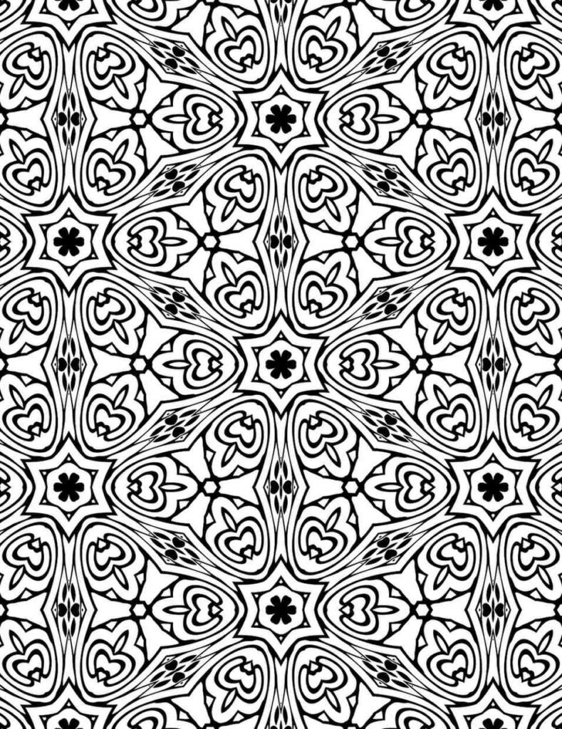 Black and white heart bloom mandala with floral and geometric patterns for coloring and meditation
