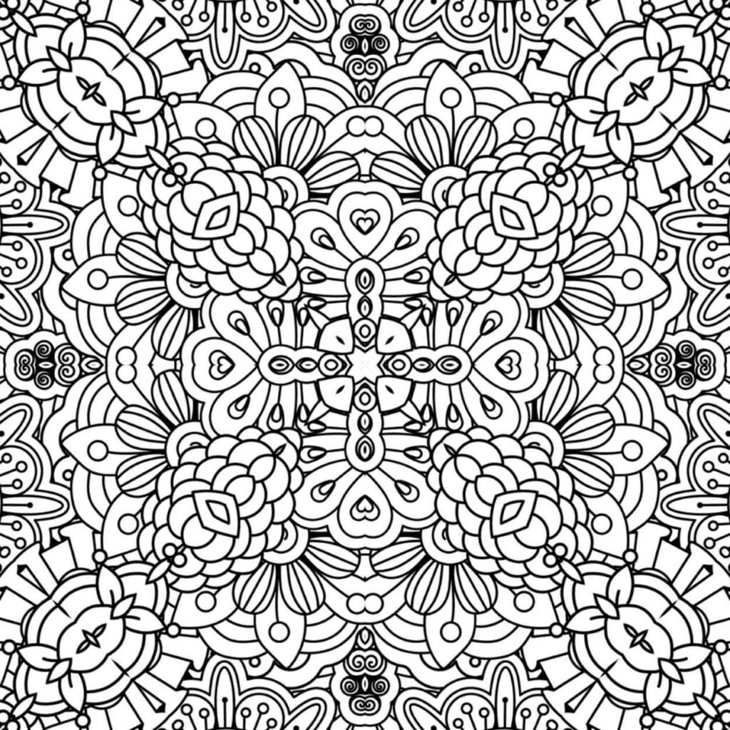 Detailed heart-shaped floral mandala coloring page with intricate interlocking patterns and decorative motifs.