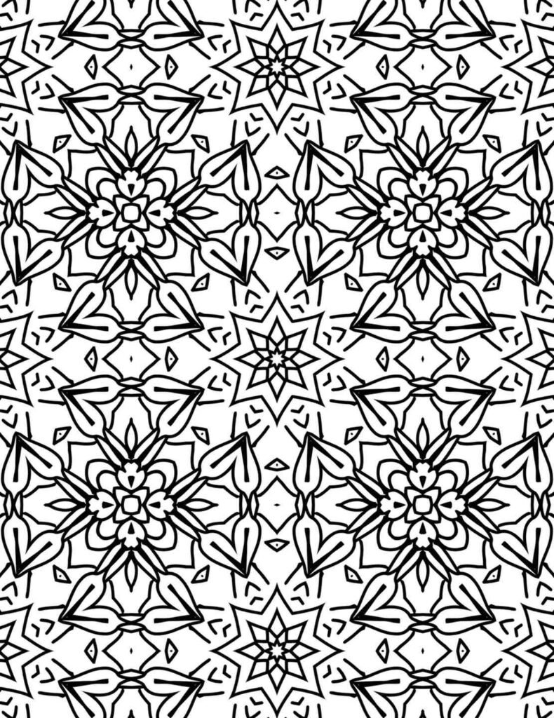 Mandala design featuring layered heart motifs, star-shaped centers, and intricate symmetrical floral patterns for mindful coloring
