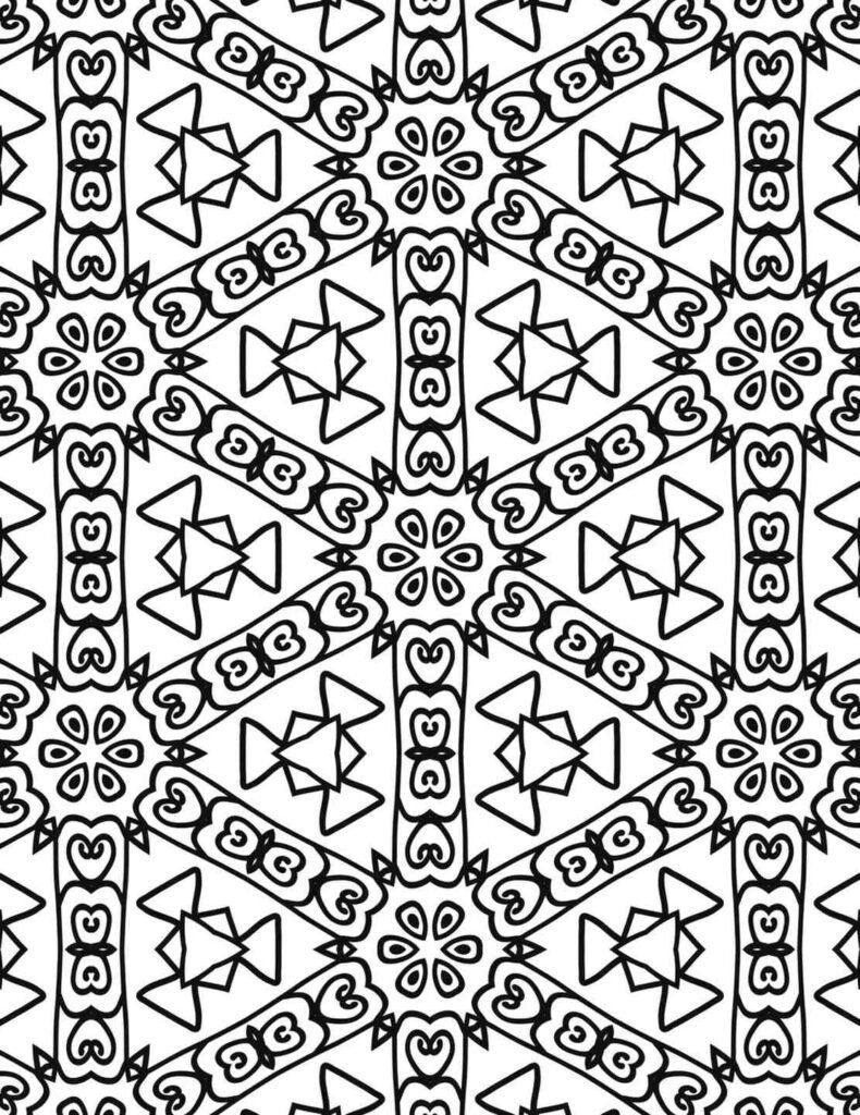 Black and white heart bow mandala with floral and geometric patterns for coloring