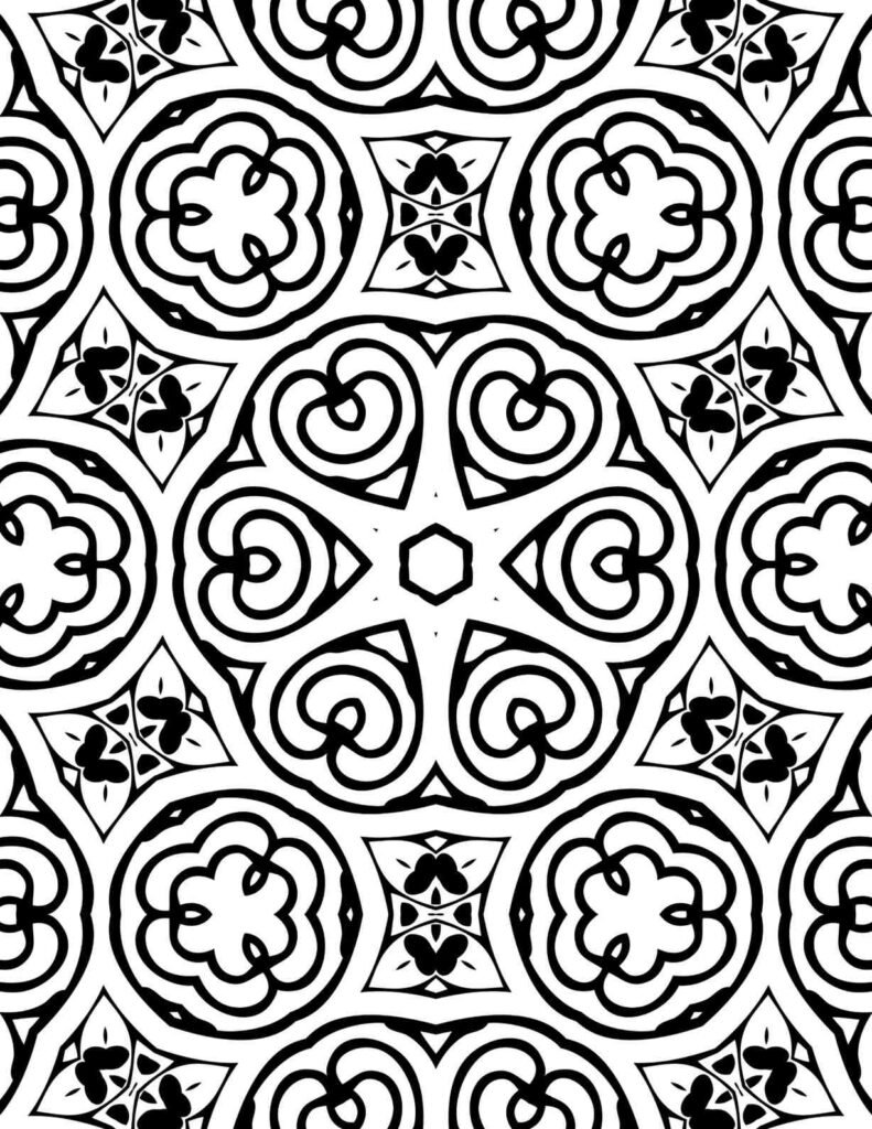 Black and white heart cloud mandala with floral star center and layered patterns for coloring and mindfulness