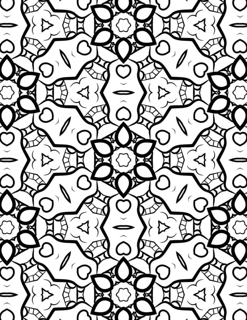 Symmetrical black and white mandala with heart shapes, floral petal motifs, and soft geometric patterns for mindful coloring