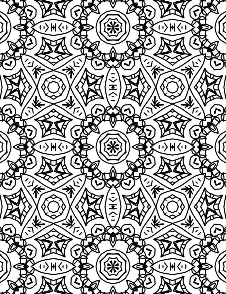 Black and white mandala with hearts, petal rosettes, and geometric patterns for therapeutic coloring