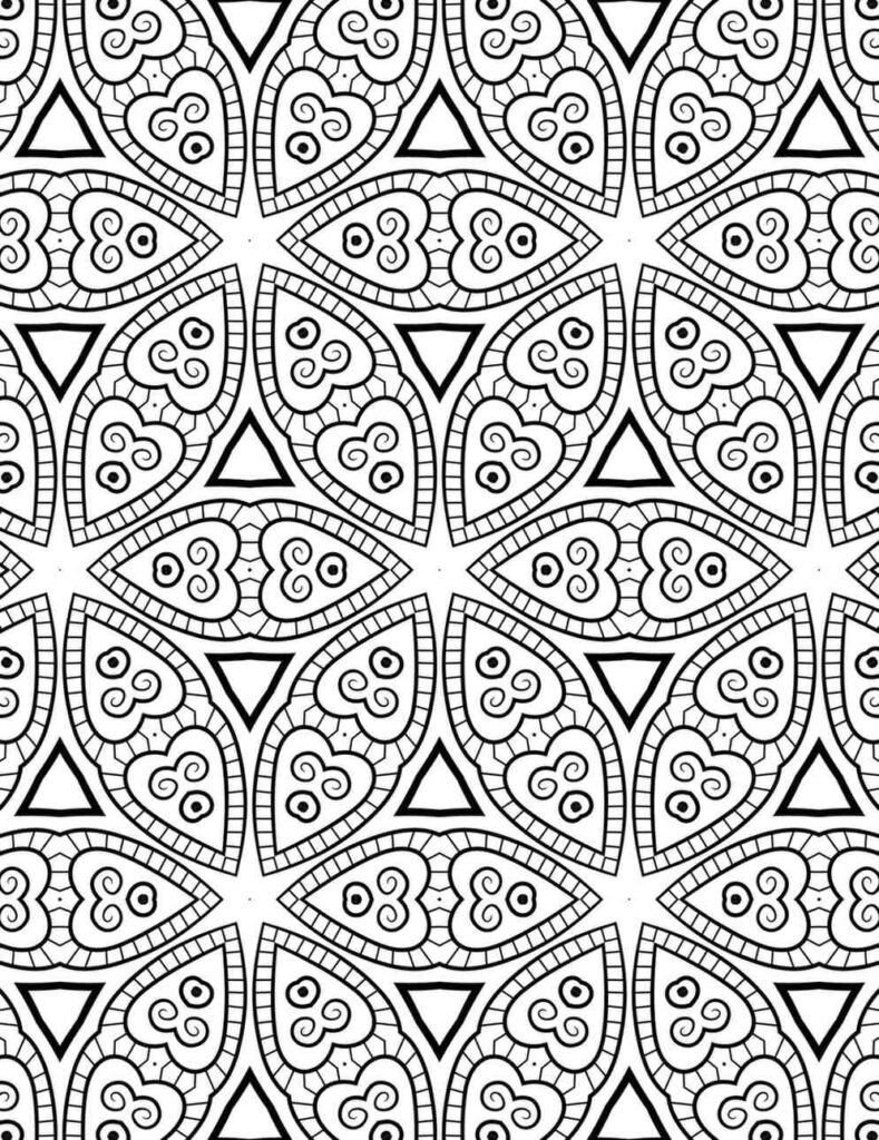 Seamless heart-shaped mandala pattern with intricate swirls and geometric detailing for stress-relieving coloring and mindful art