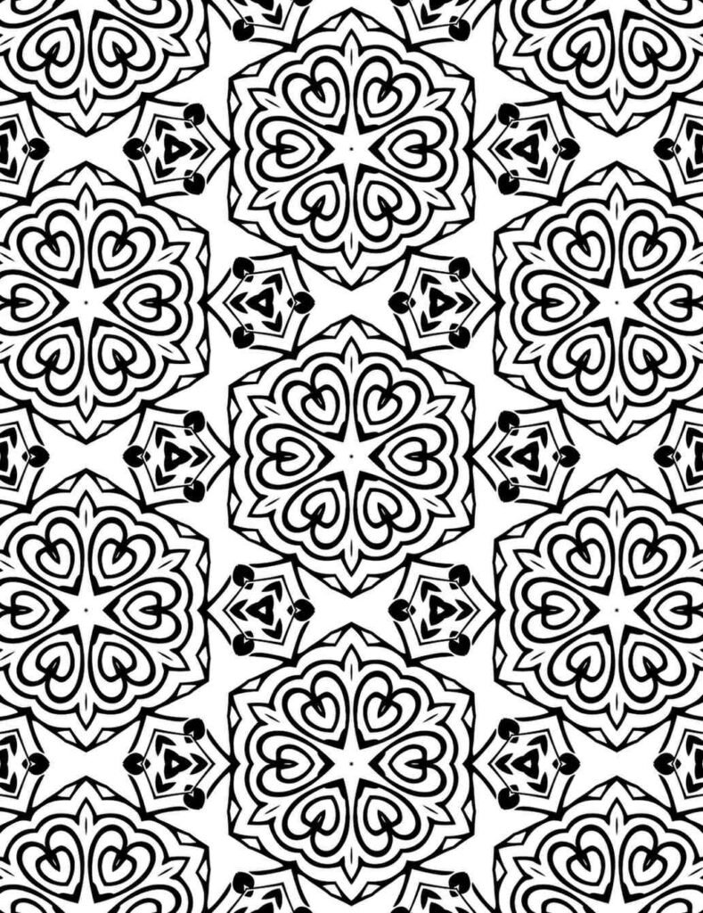 Seamless heart-shaped mandala pattern ideal for coloring, meditation, and craft design projects