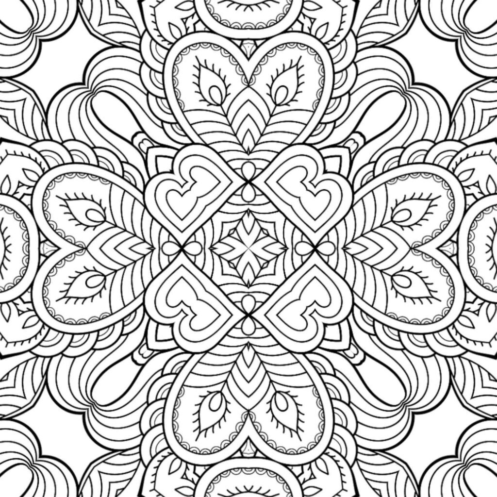 Intricate mandala with heart shapes and swirling patterns for coloring and relaxation