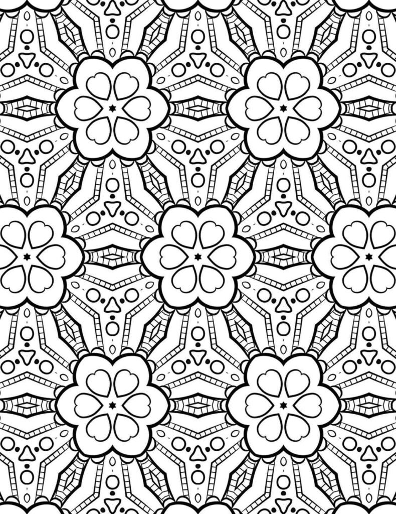Seamless heart-petal kaleidoscope mandala pattern for coloring and meditation, featuring symmetrical floral and geometric shapes.