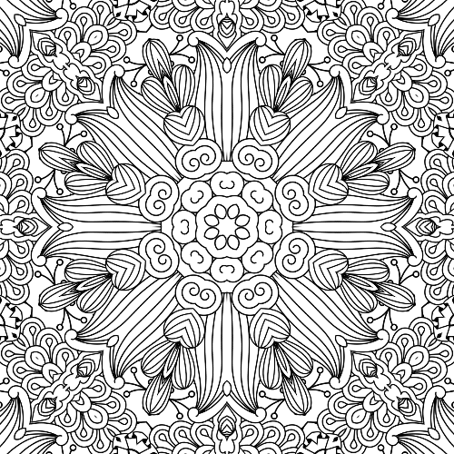 Beautiful black and white mandala with a central floral design, surrounded by heart-shaped petals and swirling elements, ideal for adult coloring and promoting feelings of peace and love.