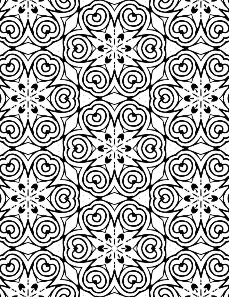 Black and white mandala with swirling heart shapes and radiating symmetrical patterns for coloring and meditation