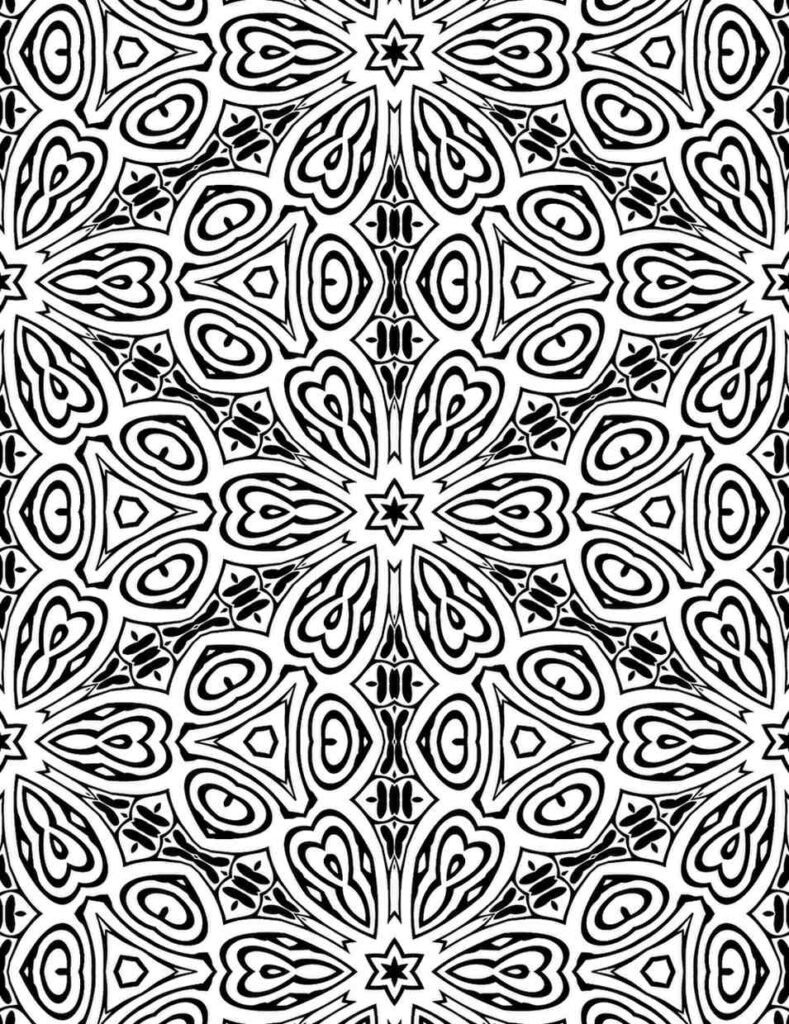 Complex black and white mandala with heart-shaped petals and starburst centers for coloring and relaxation