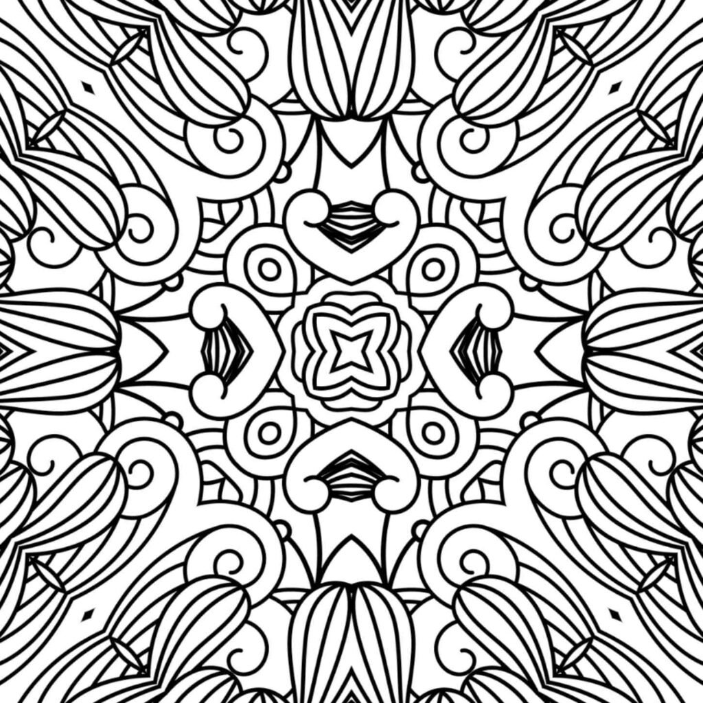 Symmetrical square mandala design featuring a central heart-like motif, swirling patterns, and elongated petal shapes, perfect for mindful coloring and relaxation.