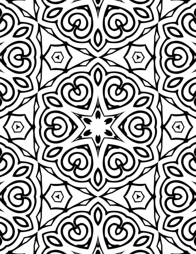 Black and white mandala with heart-shaped swirls, hexagonal patterns, and a star center, ideal for coloring and mindfulness practices.