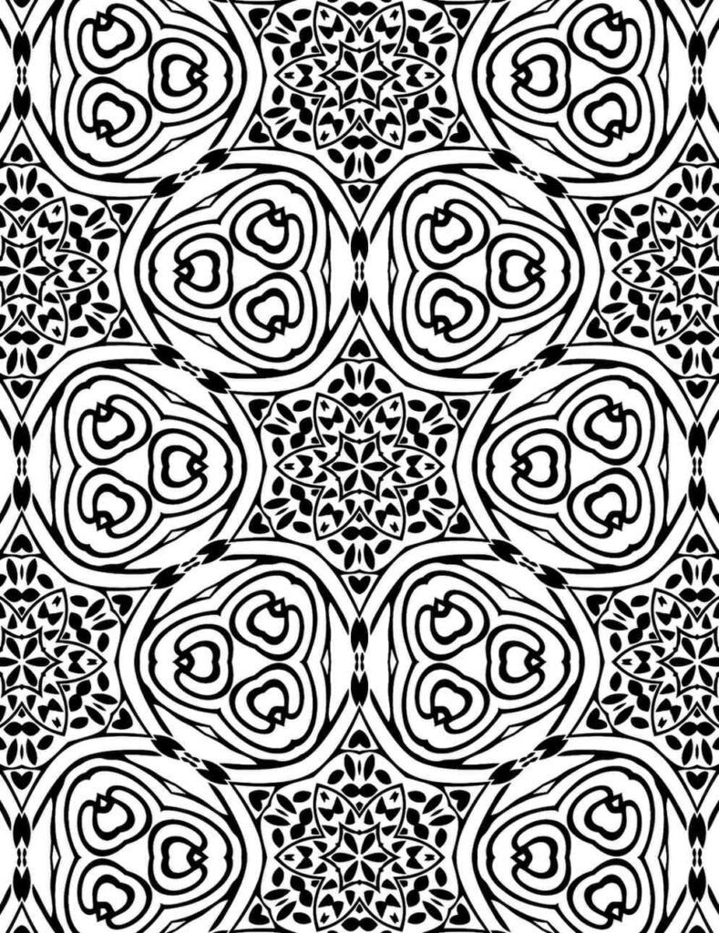 Heart-trio mandala coloring page with black-and-white ovals and floral patterns