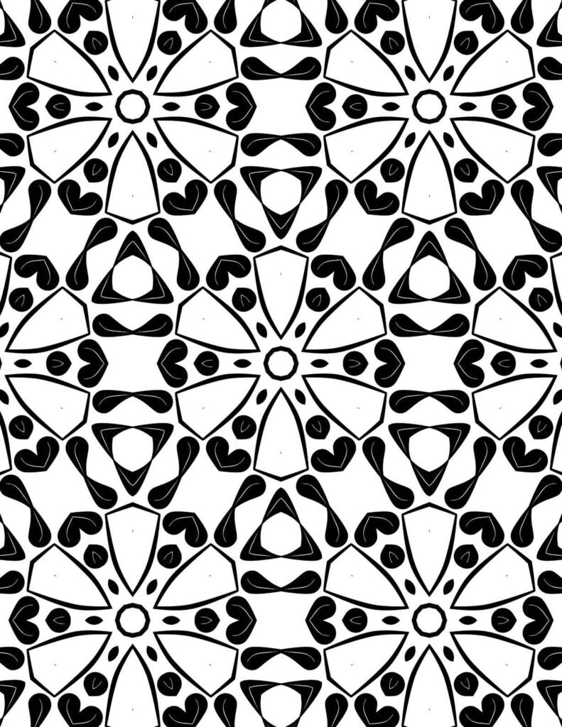 Intricate black and white heartbloom mandala with star centers and heart-shaped petals for coloring and relaxation.
