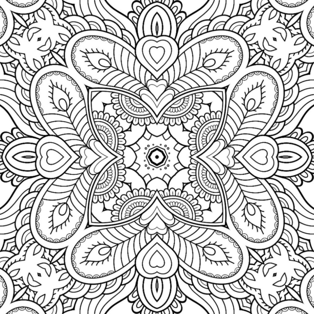 Intricate floral and heart mandala coloring page for stress relief and mindfulness