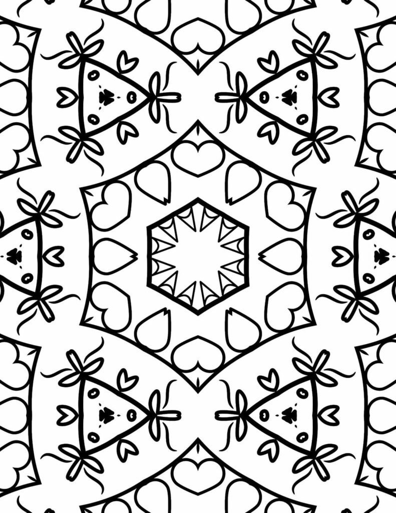Intricate black-and-white heartfelt harmony mandala with heart and floral patterns for coloring and meditation