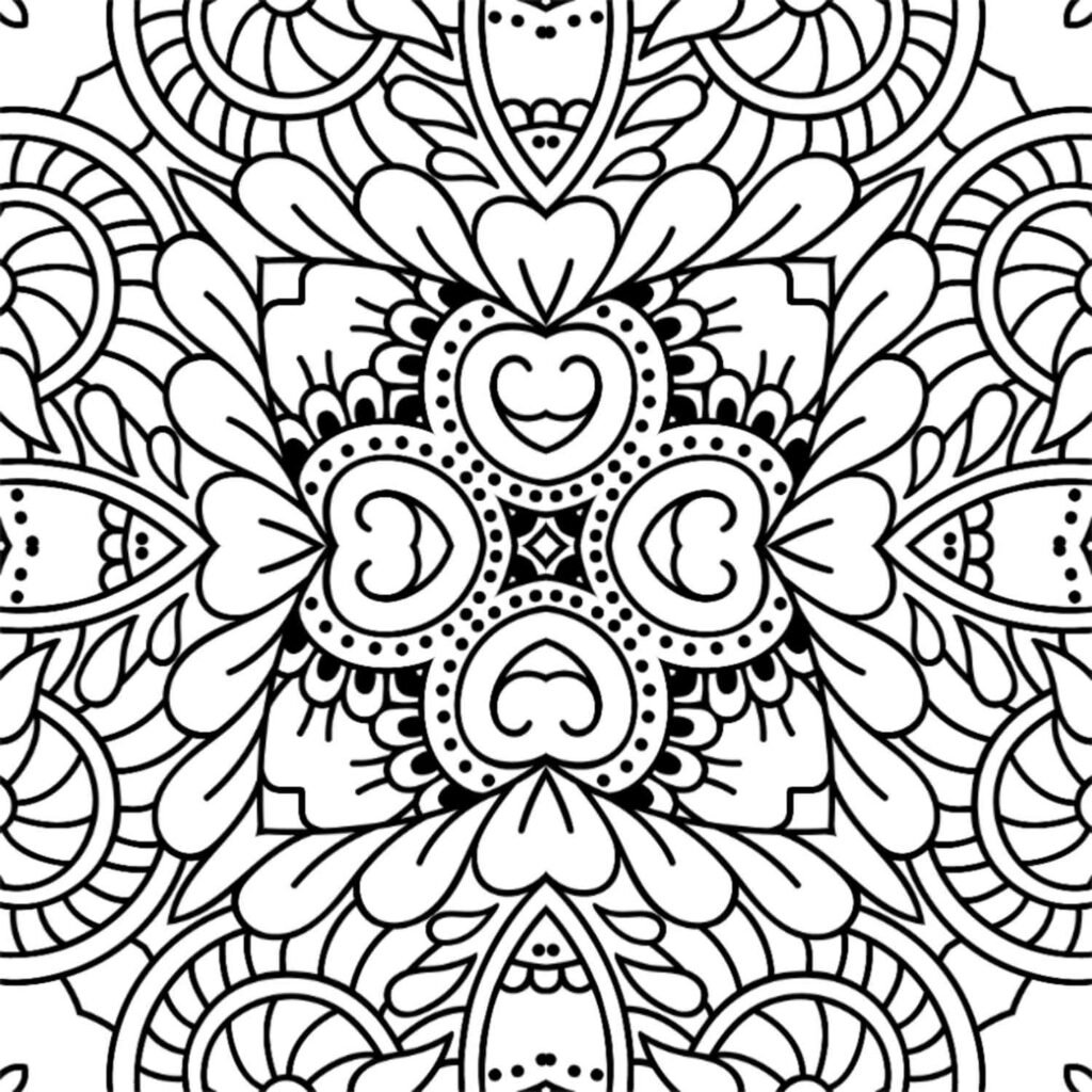 Symmetrical heartfelt harmony mandala coloring page with prominent heart shapes and intricate patterns, perfect for mindful relaxation.