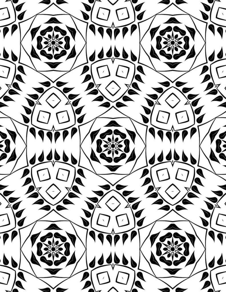 Lively black and white heartspark mandala with five-pointed stars and zigzag borders for coloring and meditation.