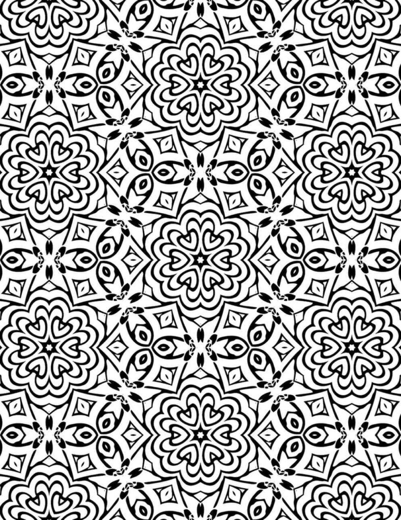 Black and white heart-shaped mandala pattern with floral symmetry for coloring, mindfulness, and DIY craft projects.