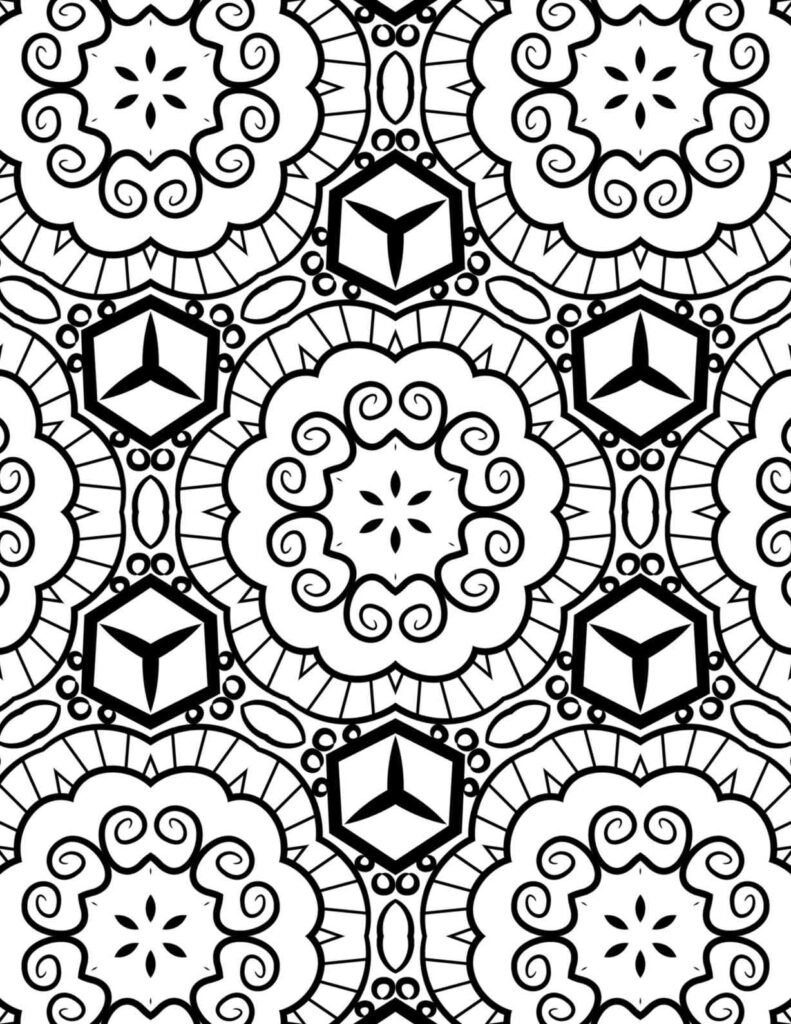 Mandala design with circular floral swirls, petal-like centers, and hexagonal geometric accents