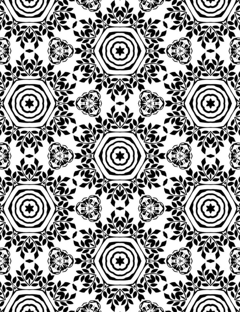 Geometric mandala with hexagonal centers and floral petal details in a black and white repeat pattern