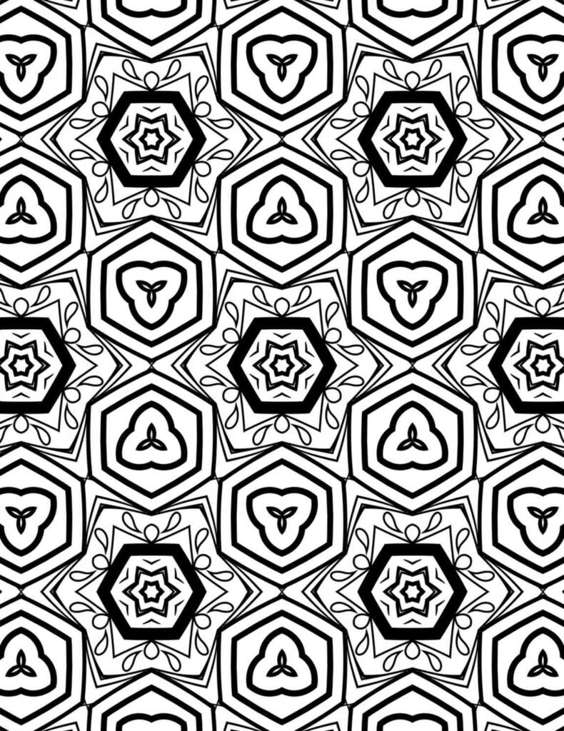 Black and white mandala design featuring hexagonal frames with star-shaped flowers and petal trios in a repeating geometric layout