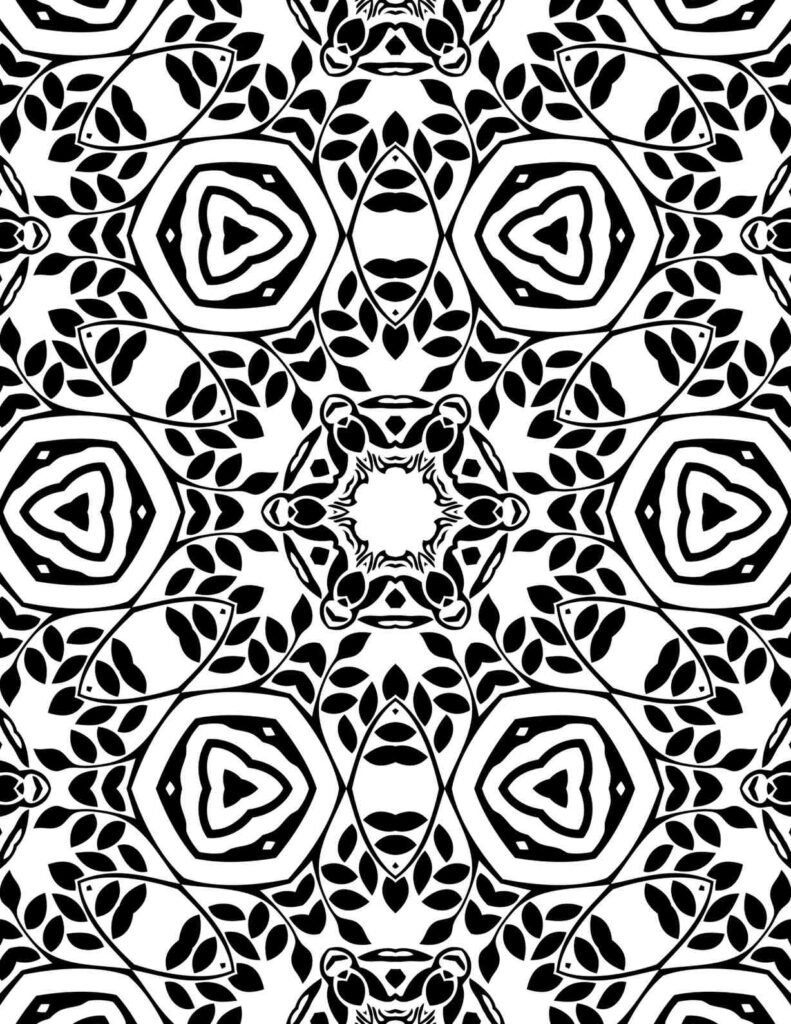 Symmetrical black and white mandala design with hexagonal frames, leafy motifs, and organic petal structures for mindful coloring and DIY crafts