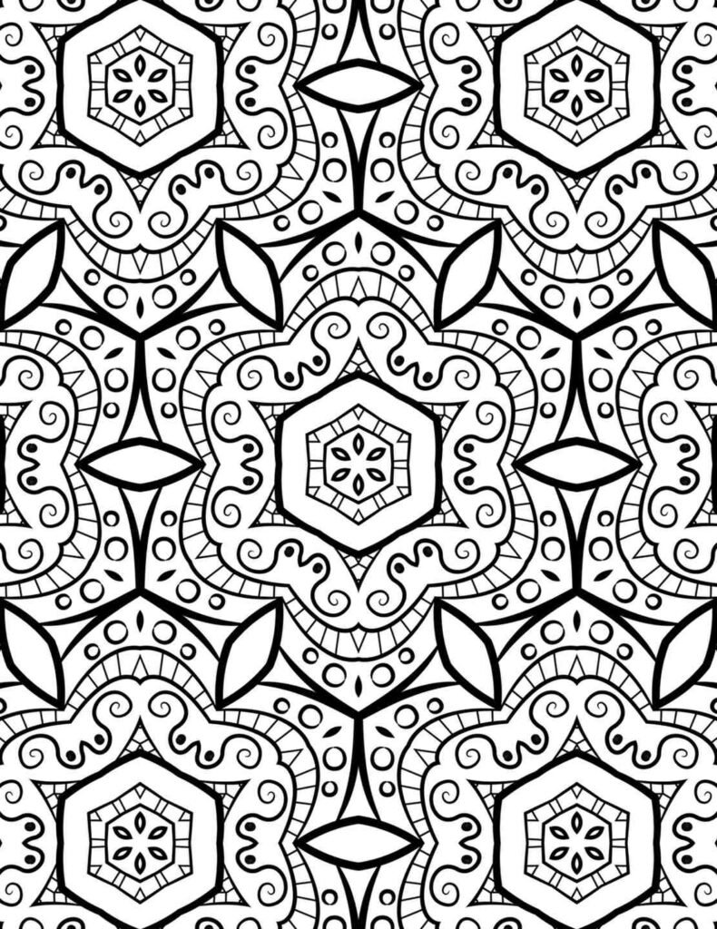 Seamless black and white mandala pattern with hexagonal floral shapes, swirling accents, and symmetrical leaf motifs