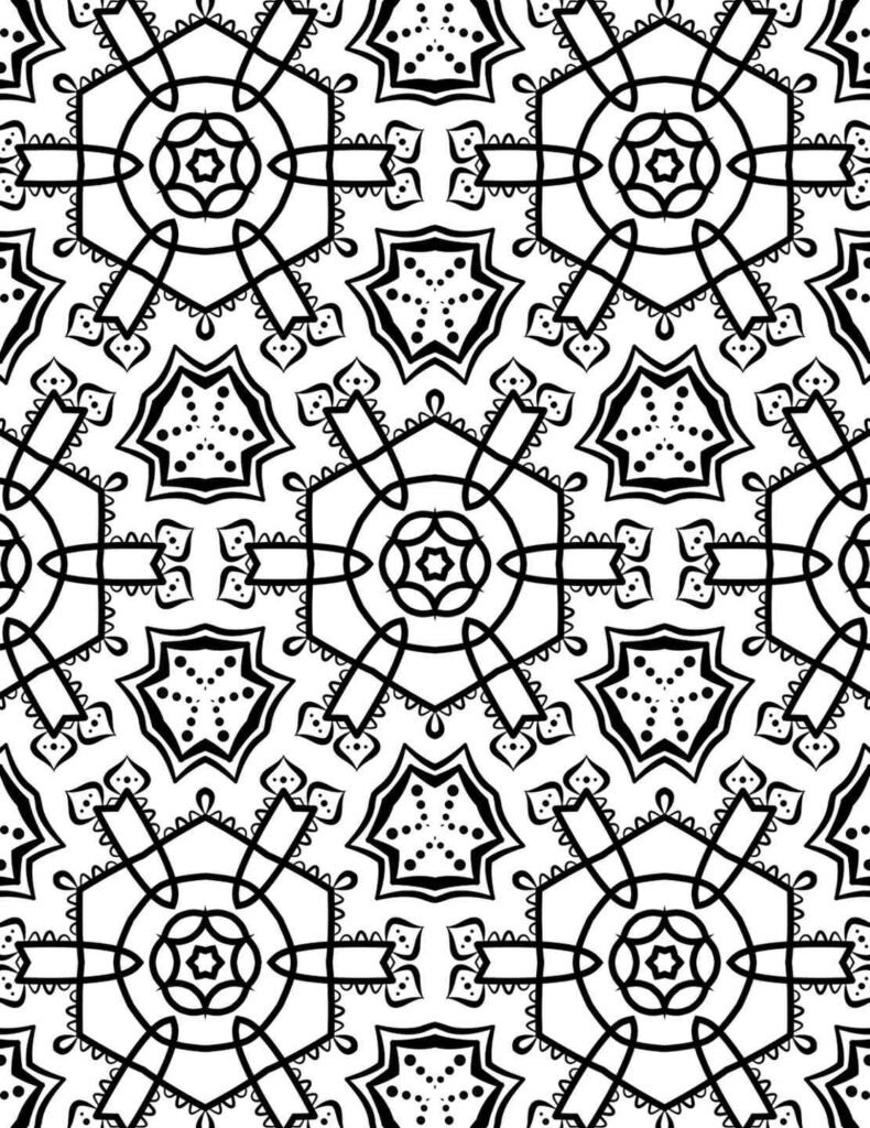 Black and white mandala with hexagonal symmetry, arrow-like spokes, central star motifs, and ornamental patterns in a seamless layout.