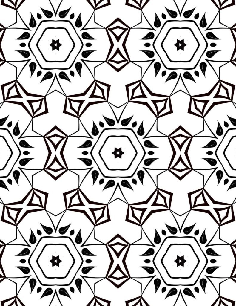 Detailed black and white hexagon petal mandala with star centers and diamond frames for coloring and meditation.