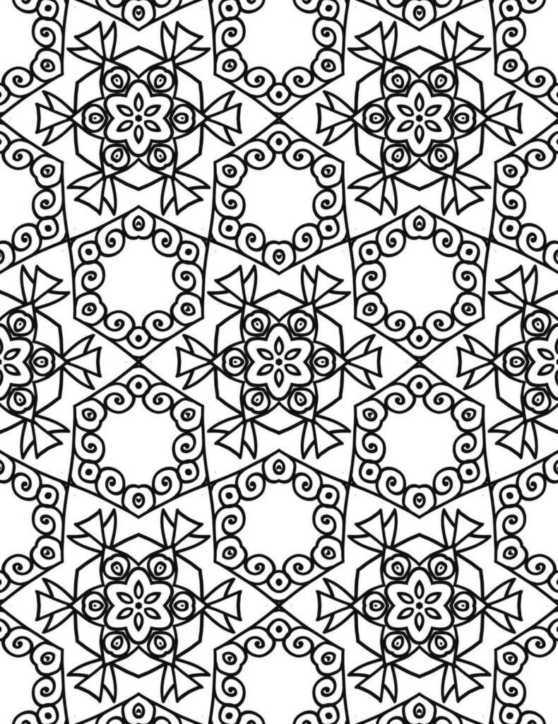 Intricate black and white mandala with repeating hexagonal patterns, floral centers, and swirling scrollwork.
