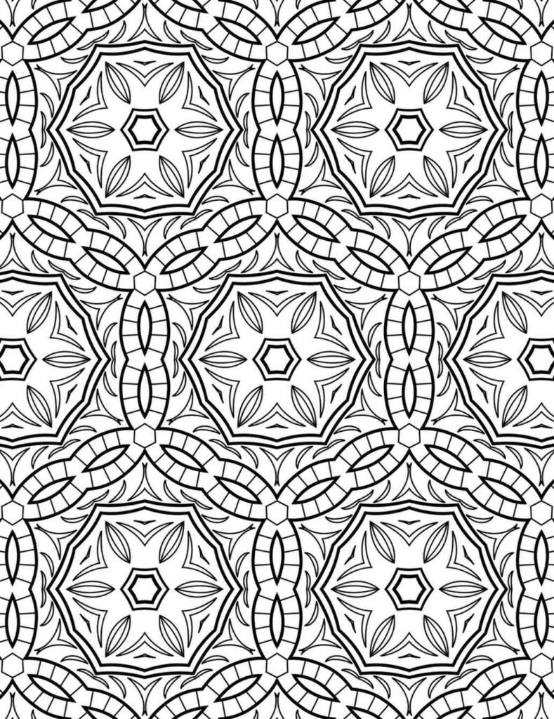 Intricate hexagonal chain mandala coloring page featuring repeating geometric patterns with interlocking circles and floral motifs for adult coloring and meditation