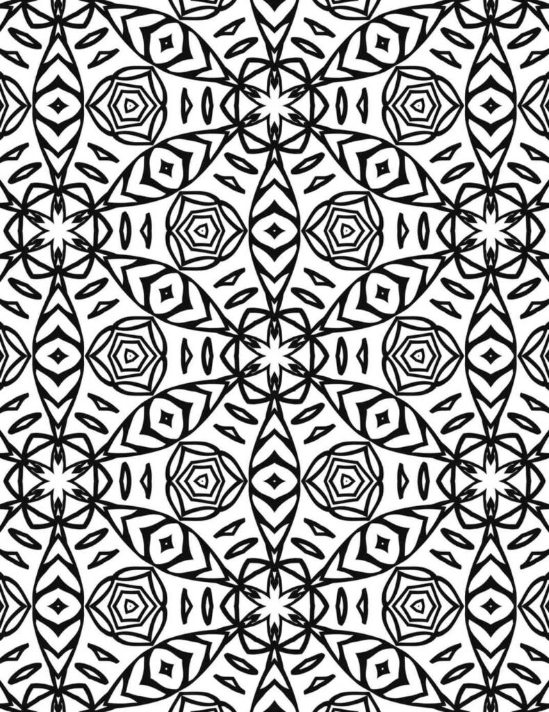Black and white hexagonal floral mandala with star accents and diamond lines for coloring and meditation