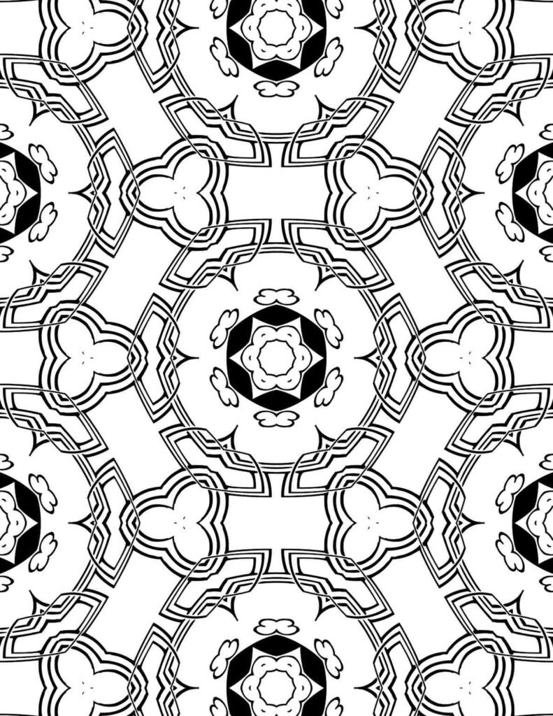 Symmetrical hexagonal mandala pattern with repeated clover-like shapes, ideal for mindful coloring and concentration.