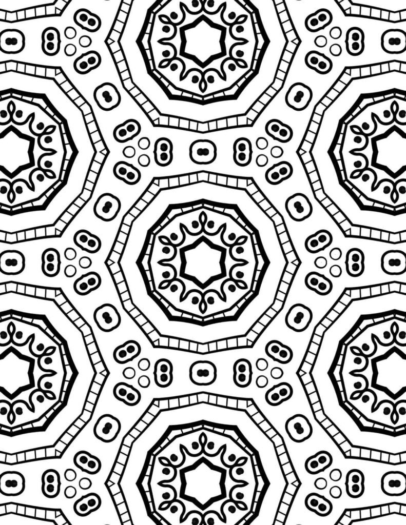 Hexagonal kaleidoscope mandala coloring page featuring intricate geometric patterns with ornate flourishes and decorative chain borders in black and white line art