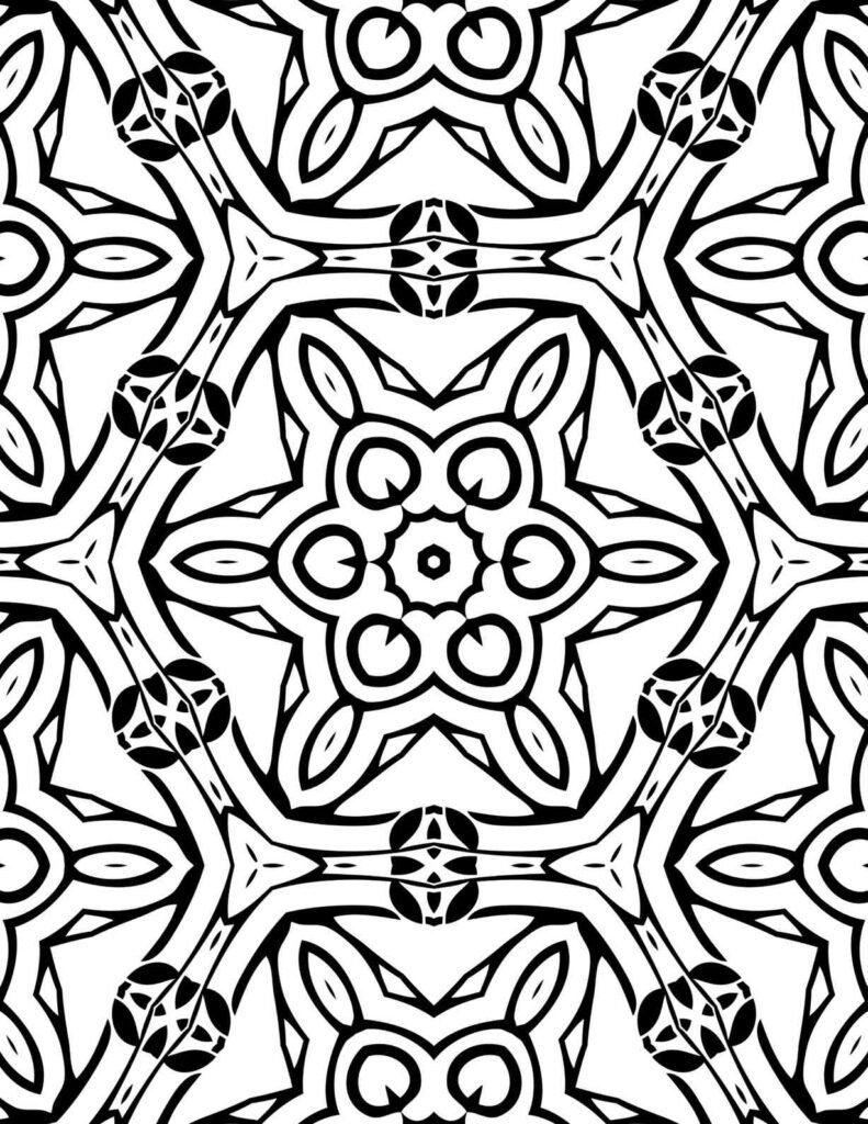 Intricate hexagonal starburst mandala coloring page for mindfulness and stress relief, free download for adults.
