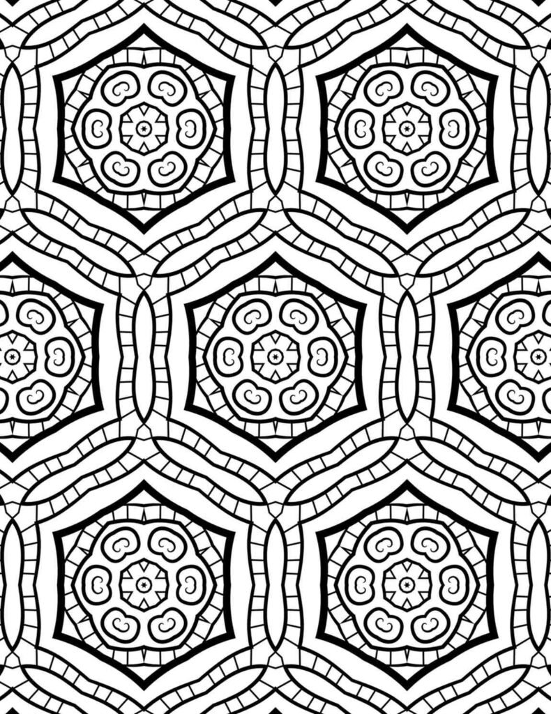 Geometric mandala with hexagonal symmetry, circular floral centers, and layered petal designs