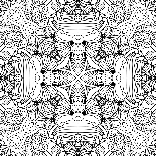 Detailed symmetrical mandala with intricate floral and petal-like patterns for adult coloring.