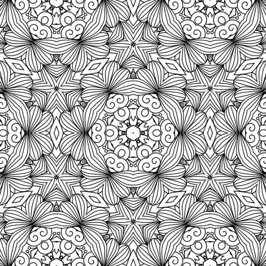 Complex black and white mandala with an intricate repeating pattern of layered petals, swirling elements, geometric accents, and central flower-like motifs, perfect for advanced adult coloring.